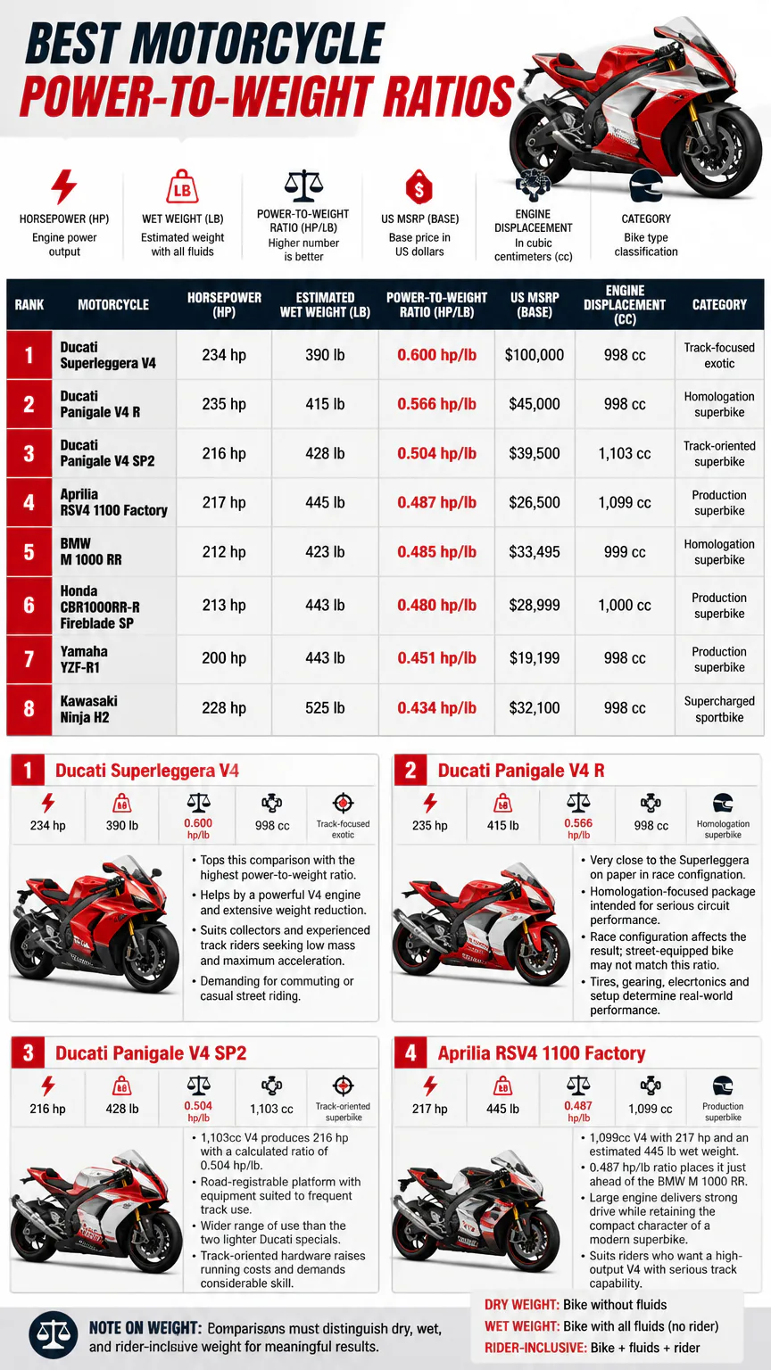 Motorcycle power-to-weight ratio infographic