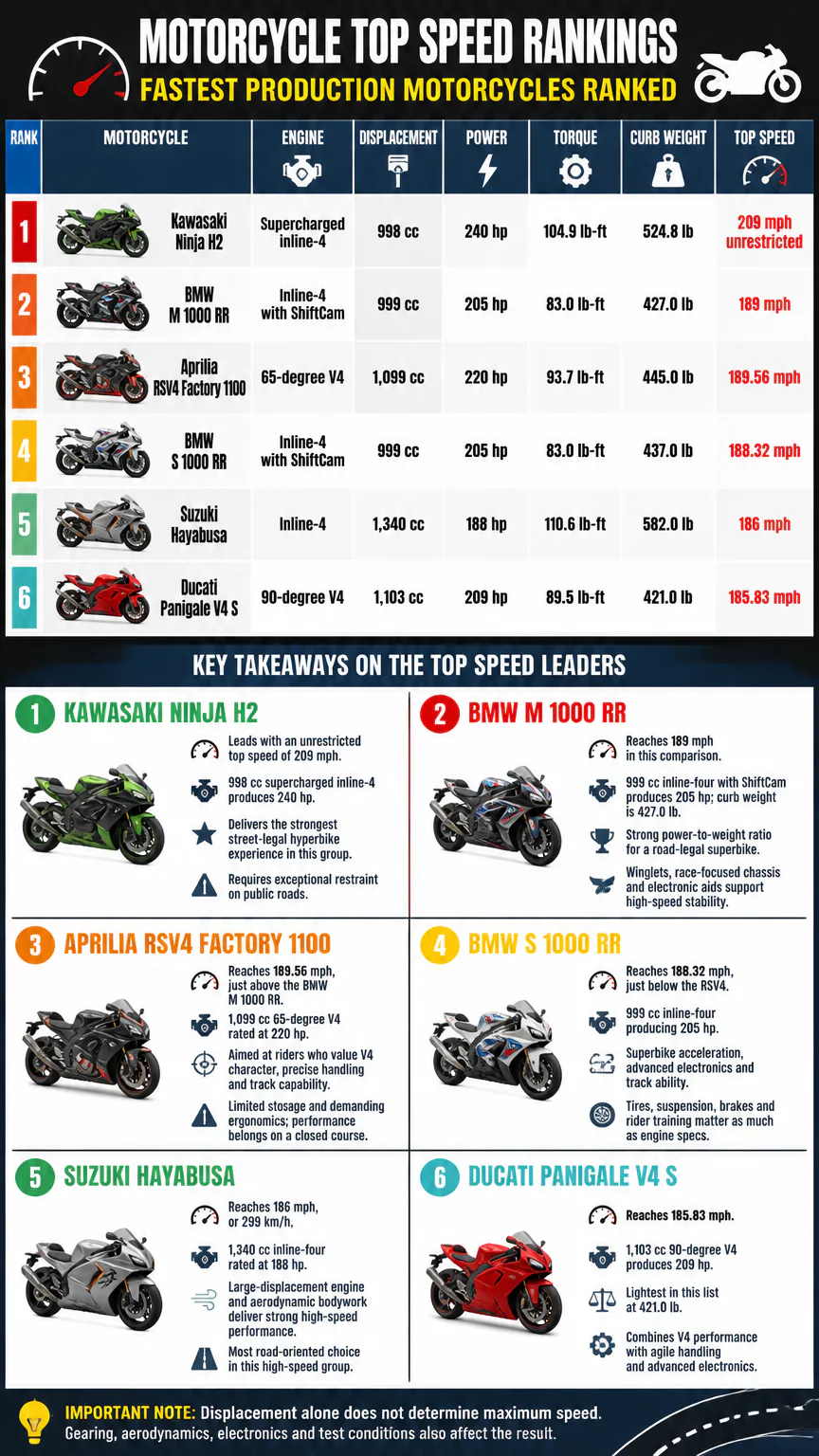 Motorcycle top speed rankings infographic