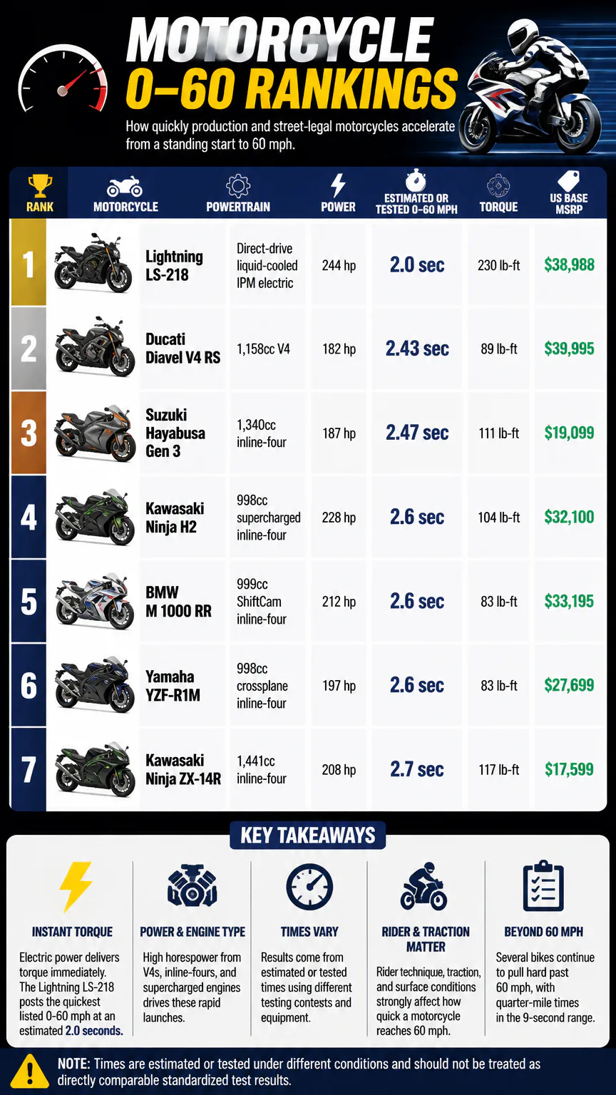 Motorcycle 0–60 mph rankings infographic