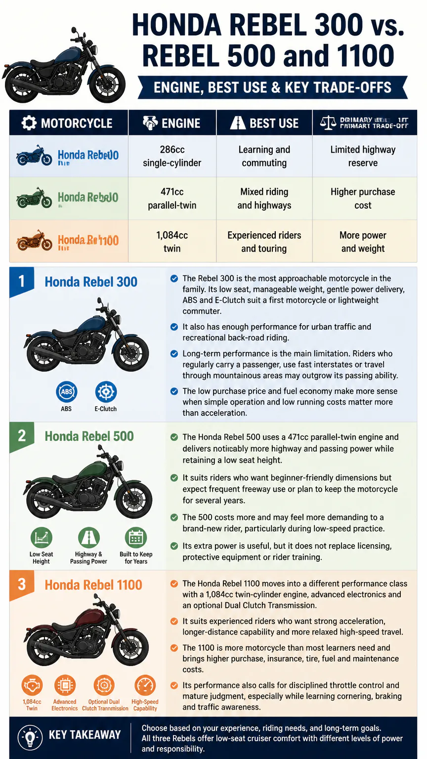 Infographic comparing Honda Rebel 300, 500, and 1100