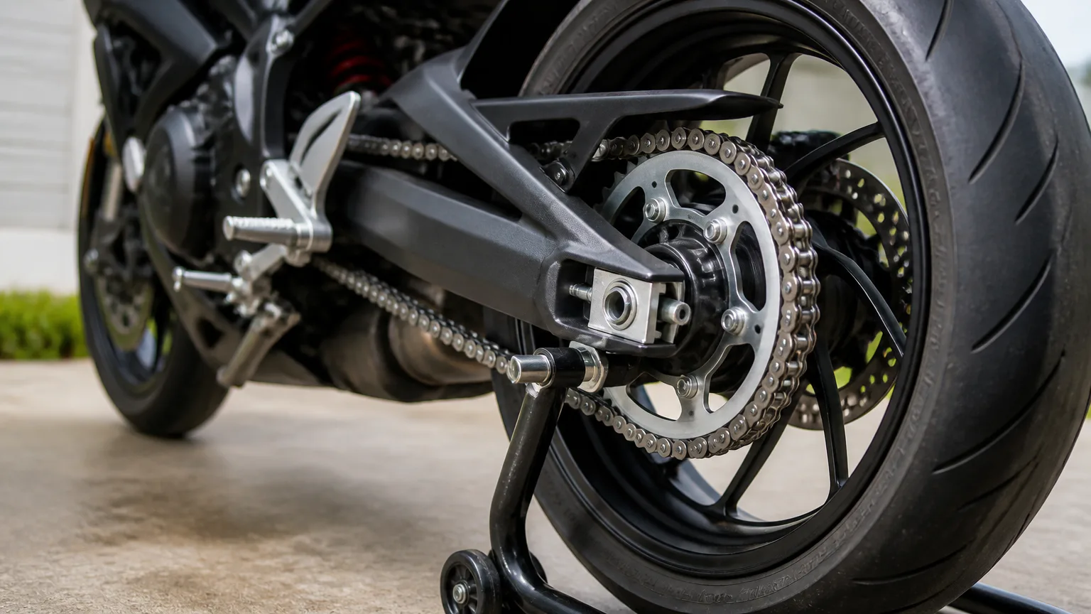 Close-up of a motorcycle’s rear wheel and chain