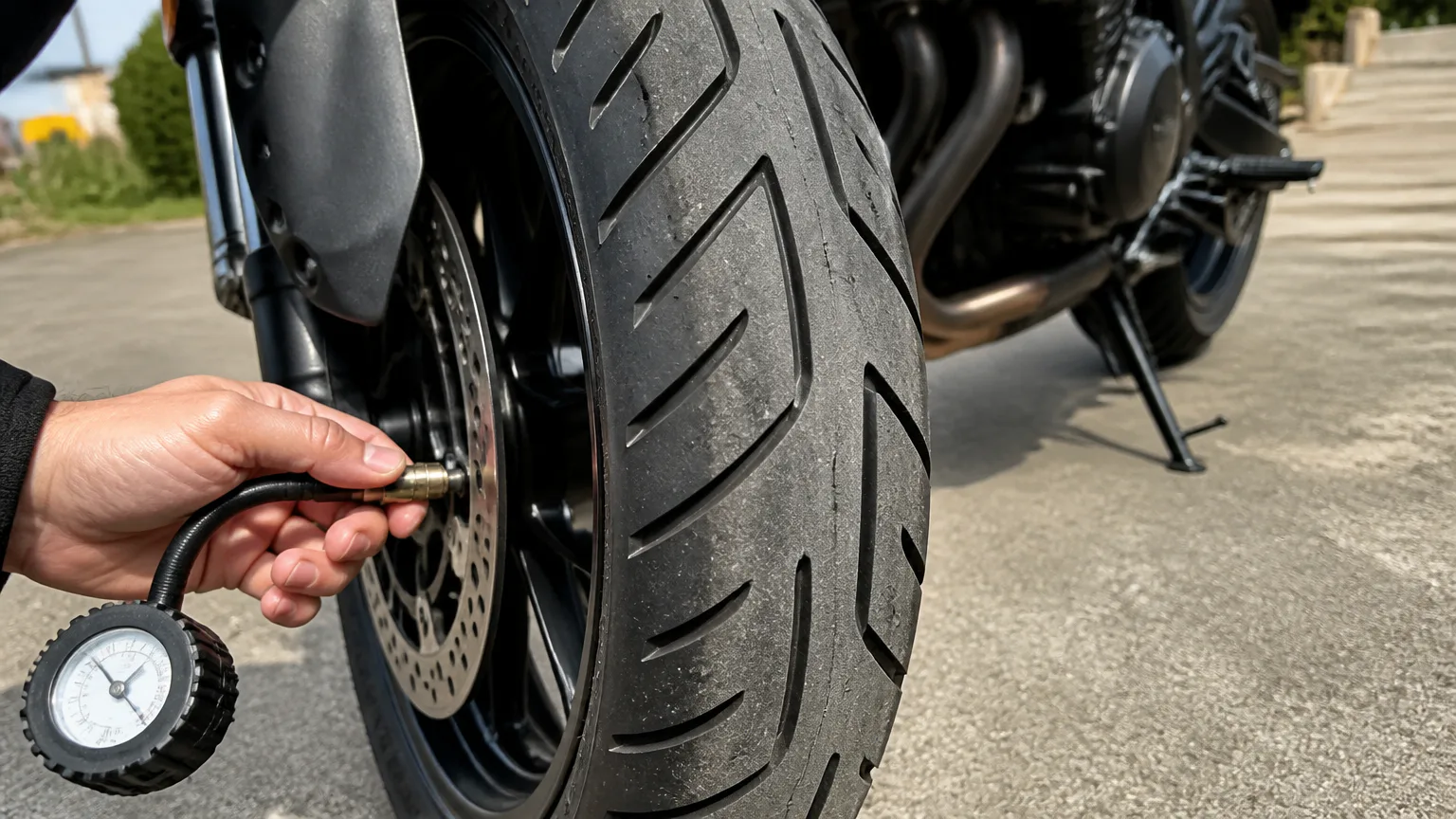 Checking motorcycle tire pressure with a gauge
