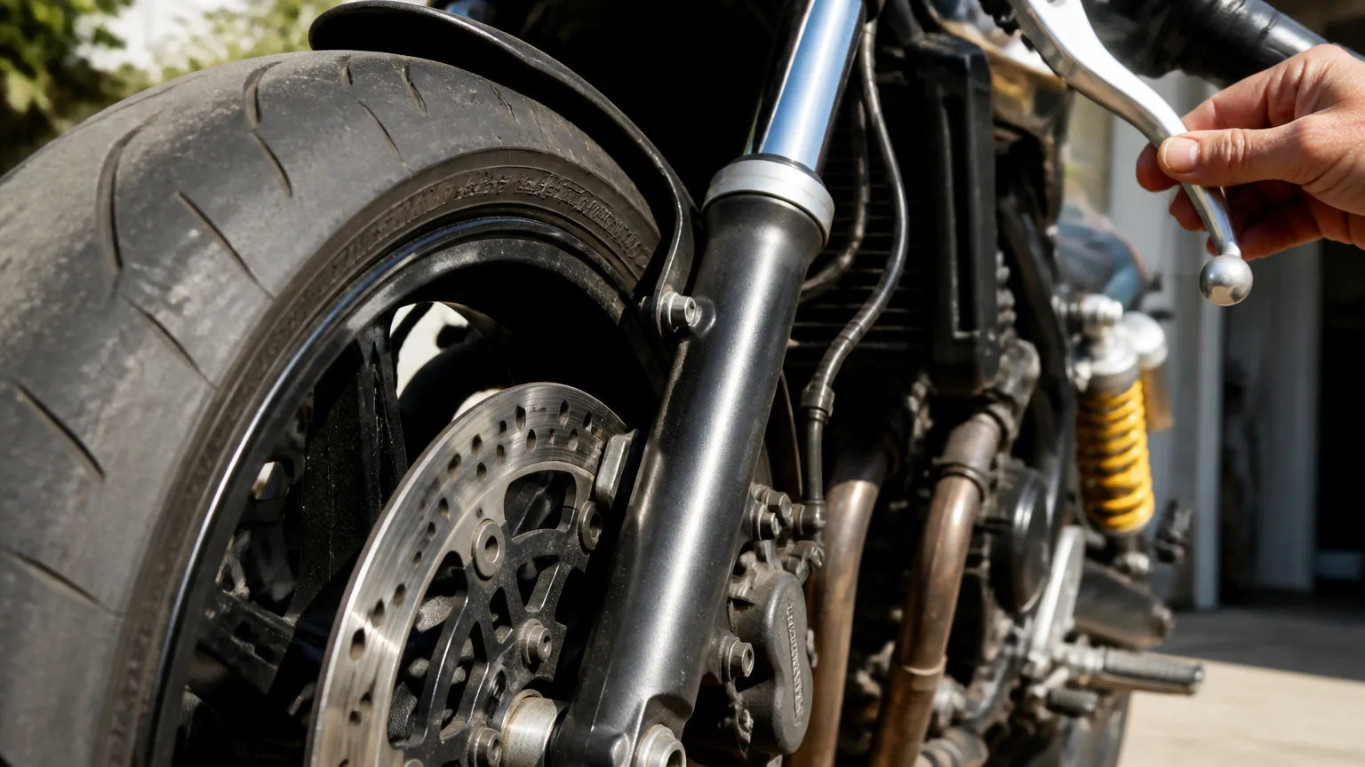 Close-up of a motorcycle front wheel and brake