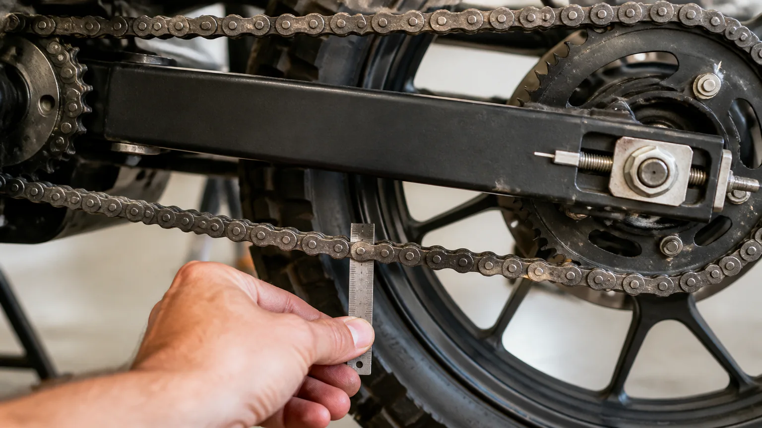Measuring motorcycle chain slack with a ruler