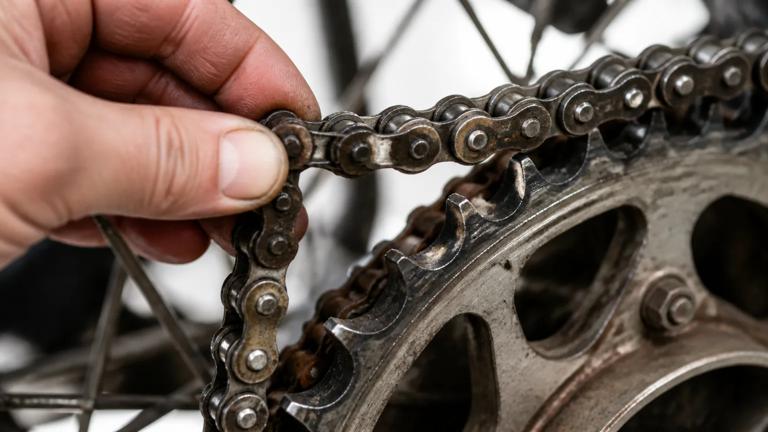 Hand holding a bicycle chain near gears