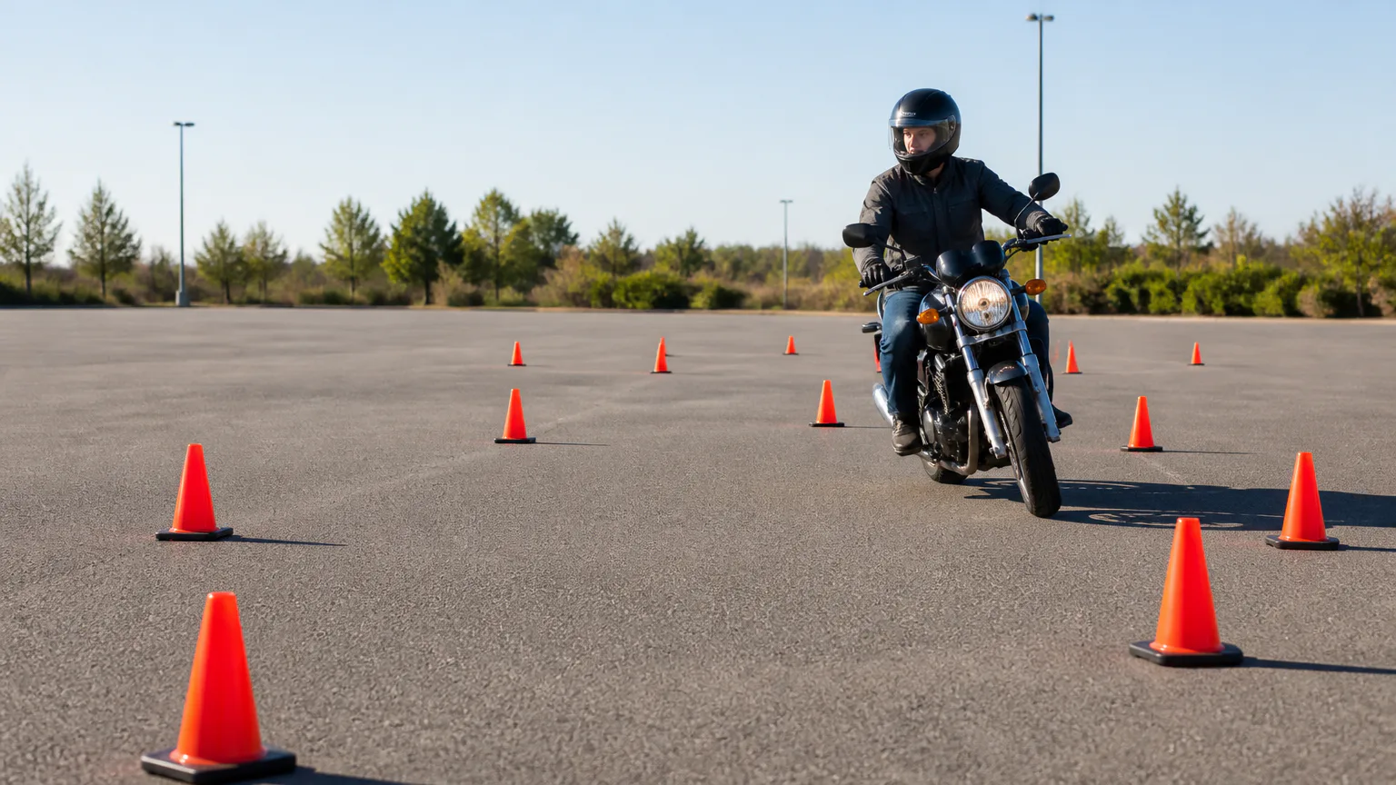 Motorcyclist navigating parking lot cones