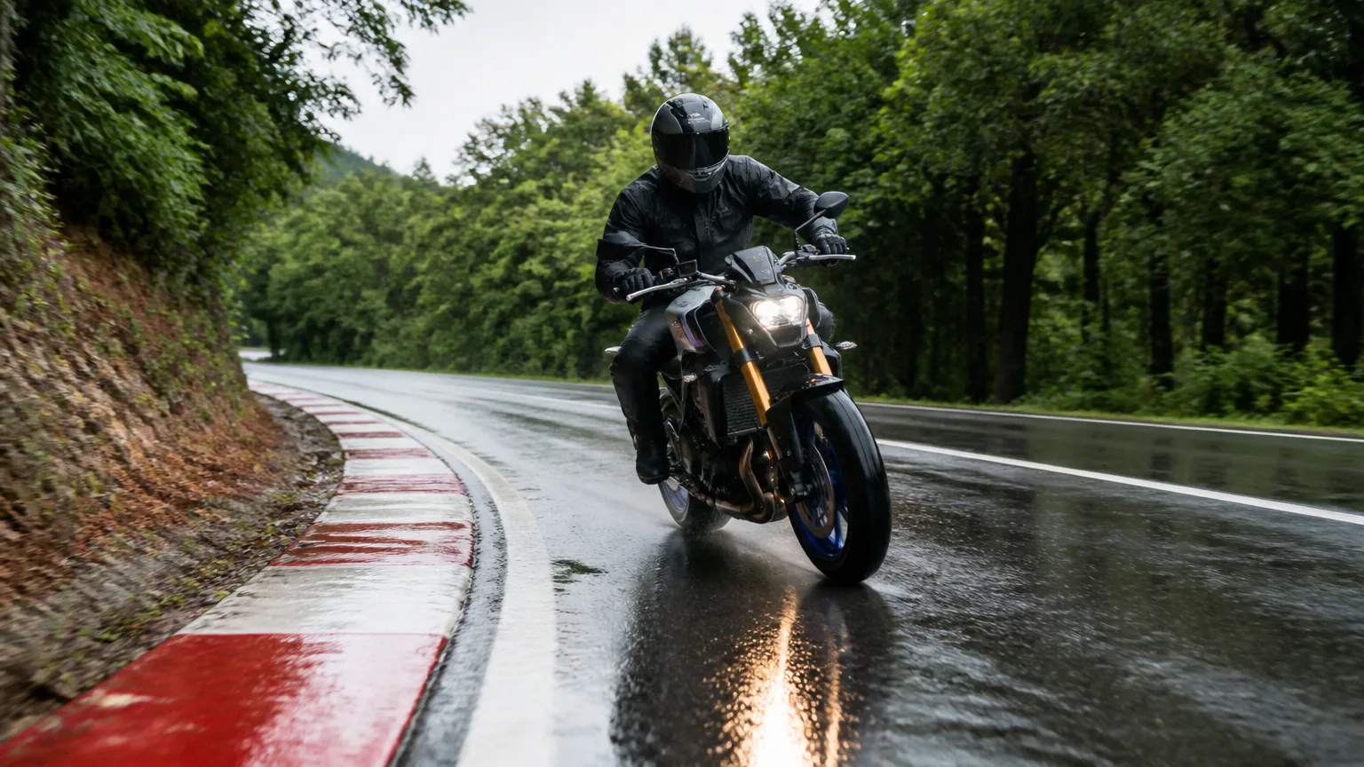 traction control Motorcyclist riding on a wet forest road