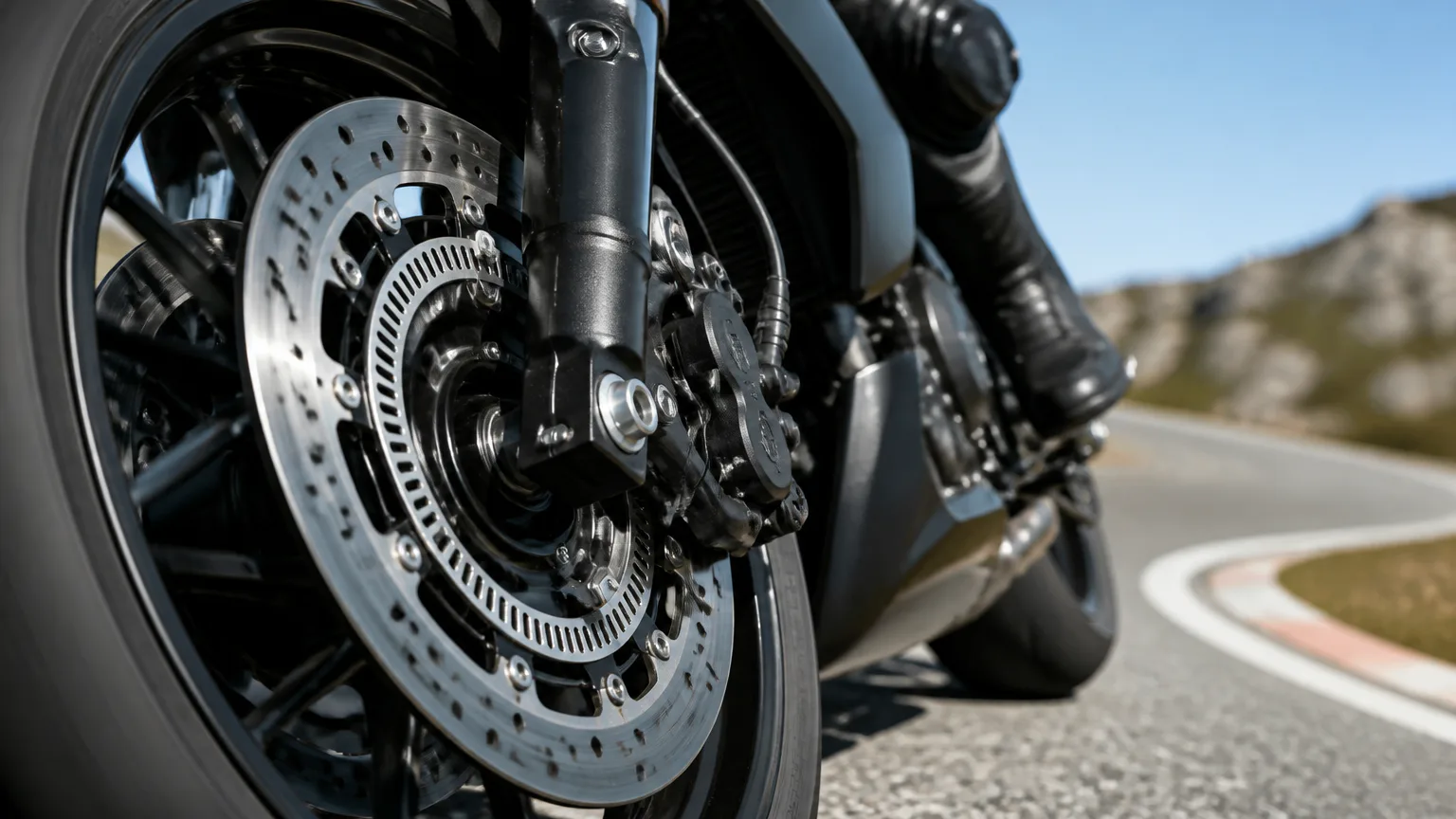 Cornering ABS Explained Close-up of a motorcycle brake disc