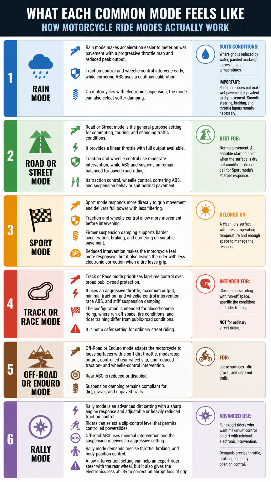 Infographic explaining six motorcycle ride modes