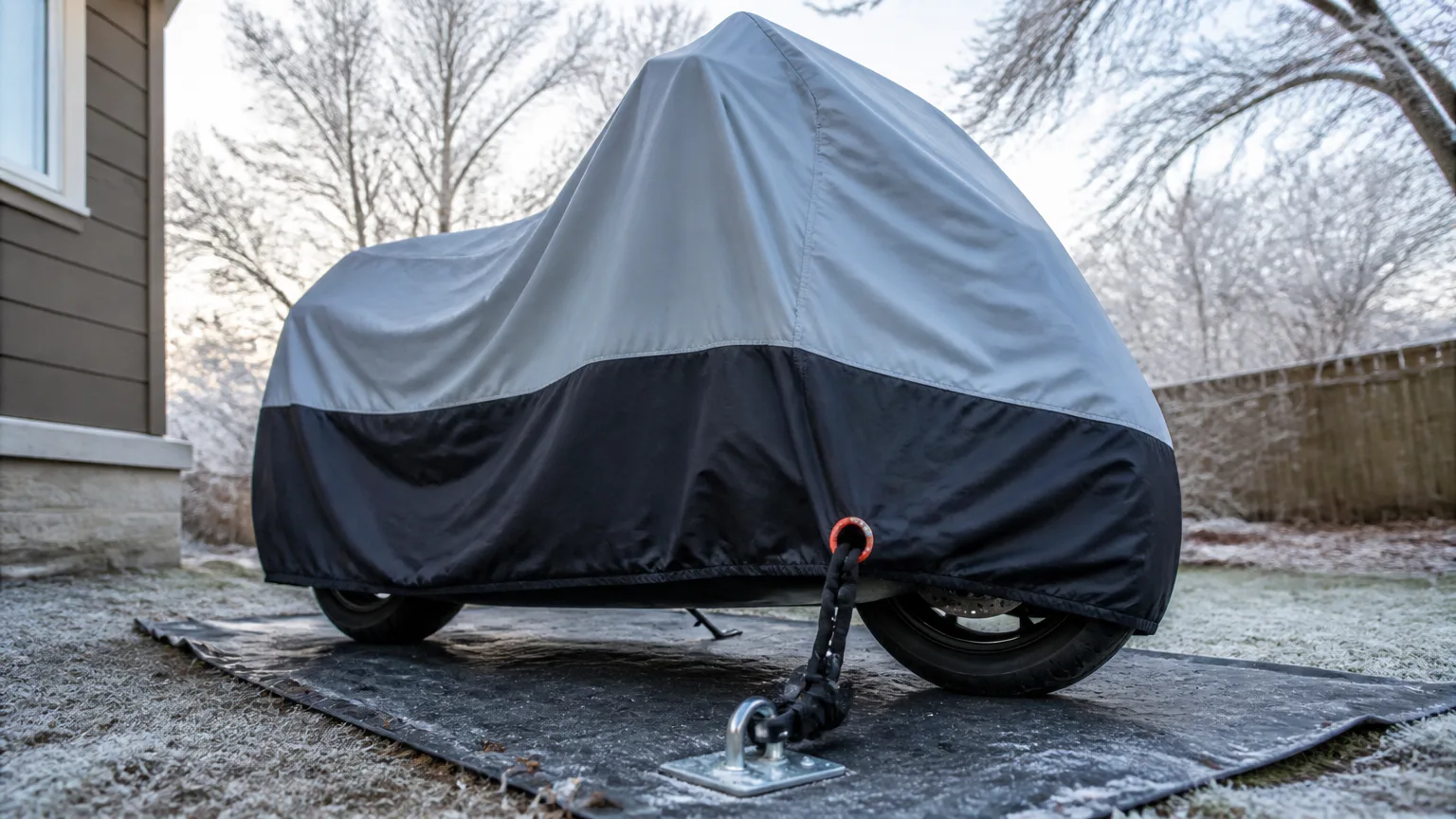 Covered motorcycle secured outdoors in winter