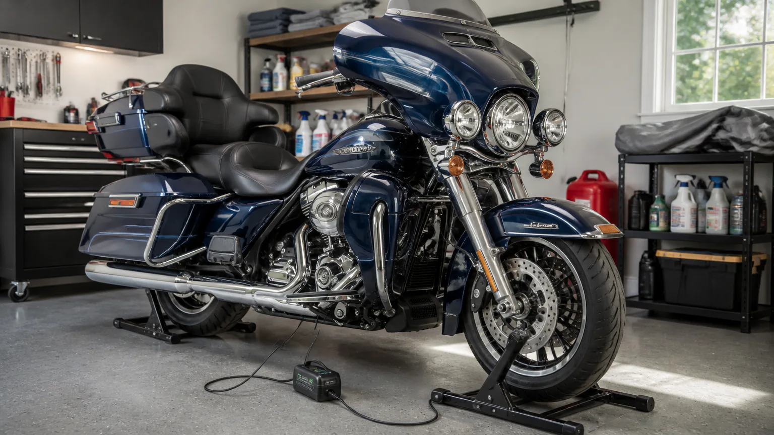 Blue touring motorcycle in a garage