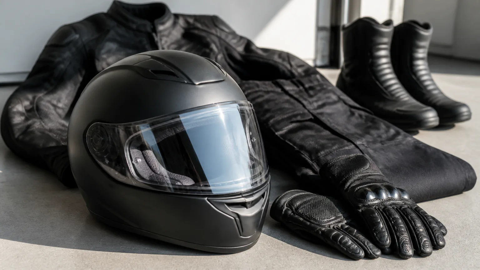 Motorcycle helmet, jacket, boots, and gloves