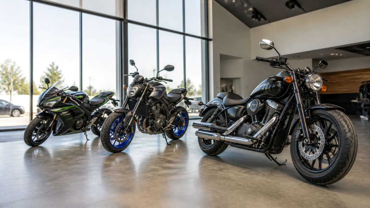 Motorcycle showroom lineup