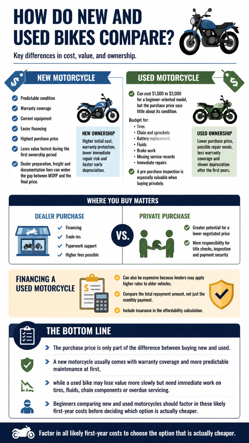 Infographic comparing new and used motorcycles