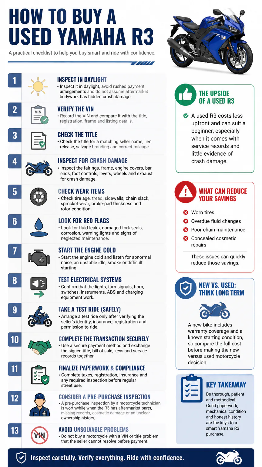 Used Yamaha R3 buying checklist infographic
