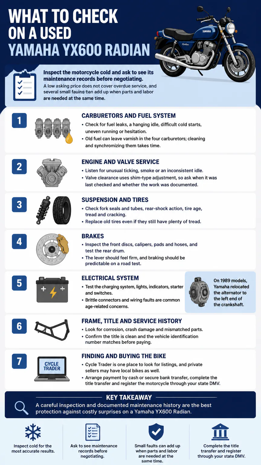 Infographic on inspecting a used Yamaha YX600 Radian