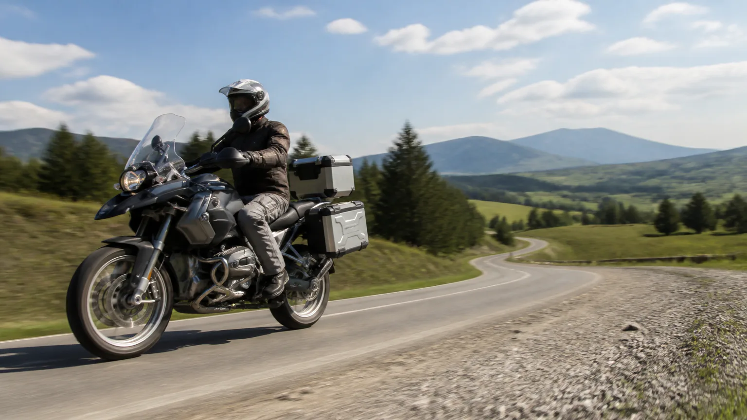 BMW R1200GS Motorcyclist riding through a mountain landscape