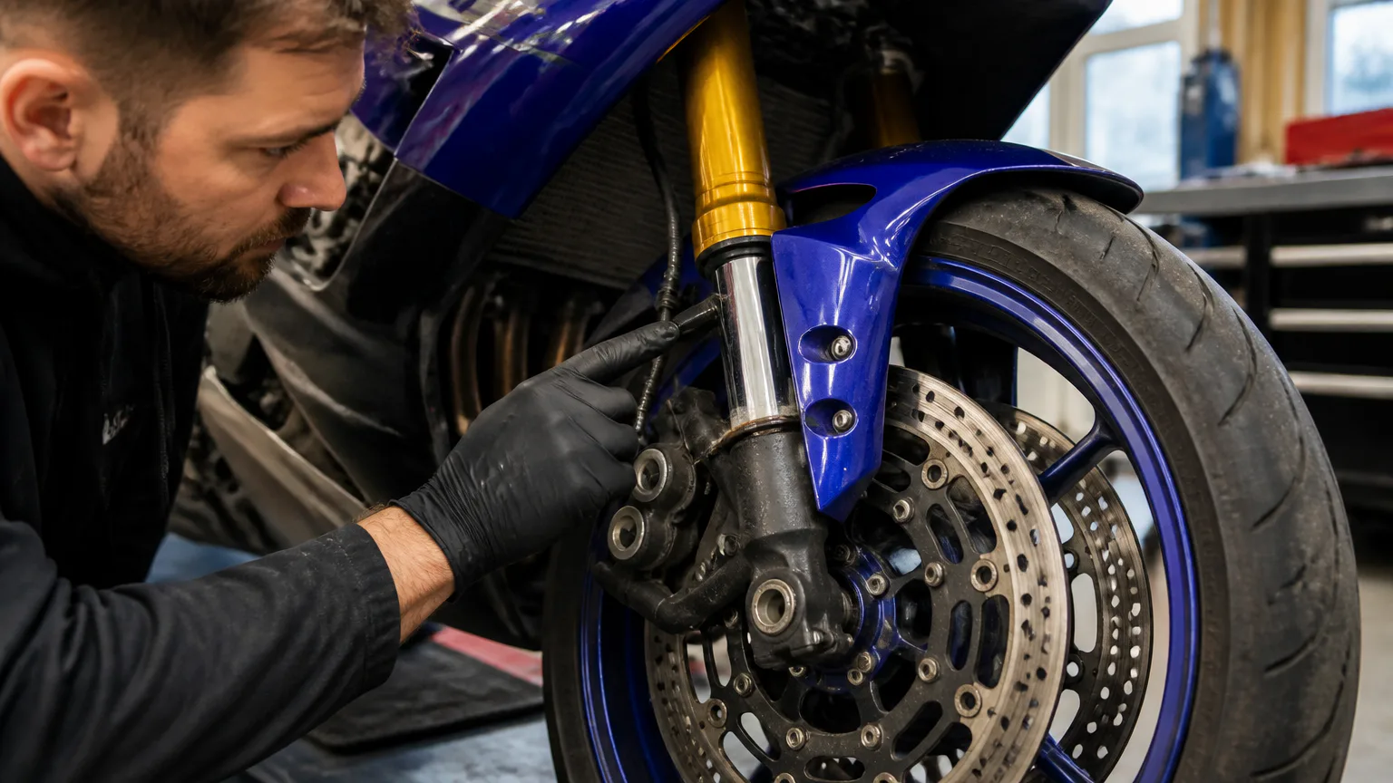 check before Yamaha R6 Mechanic inspecting a...