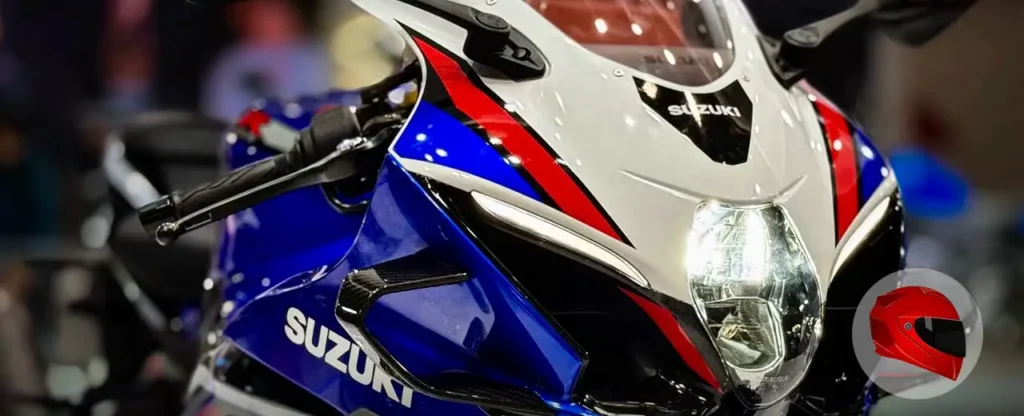 Blue and white Suzuki GSX-R1000 front three-quarter view