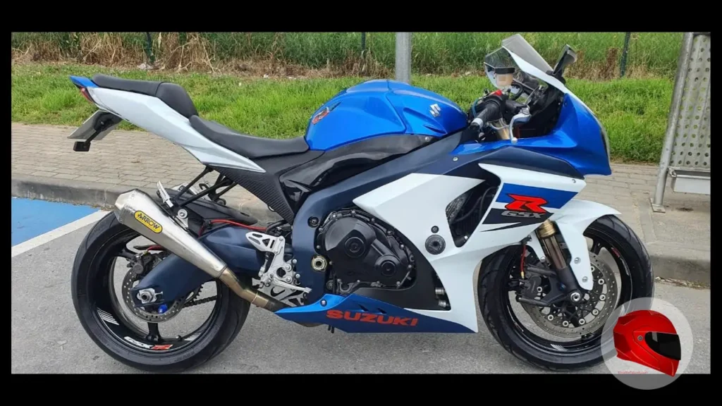 Blue and white Suzuki GSX-R1000 side view
