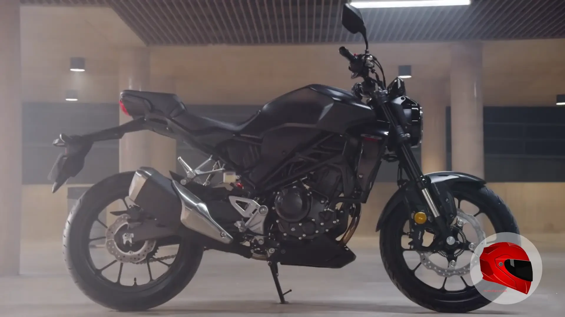 Matte black Honda CB300R beginner motorcycle in profile