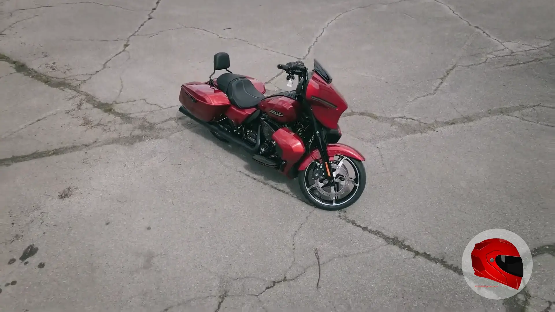 Red Harley-Davidson Street Glide touring motorcycle from above