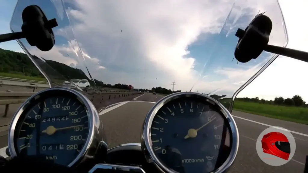 Rider's view over the Yamaha XJ600's twin round dials on an open highway
