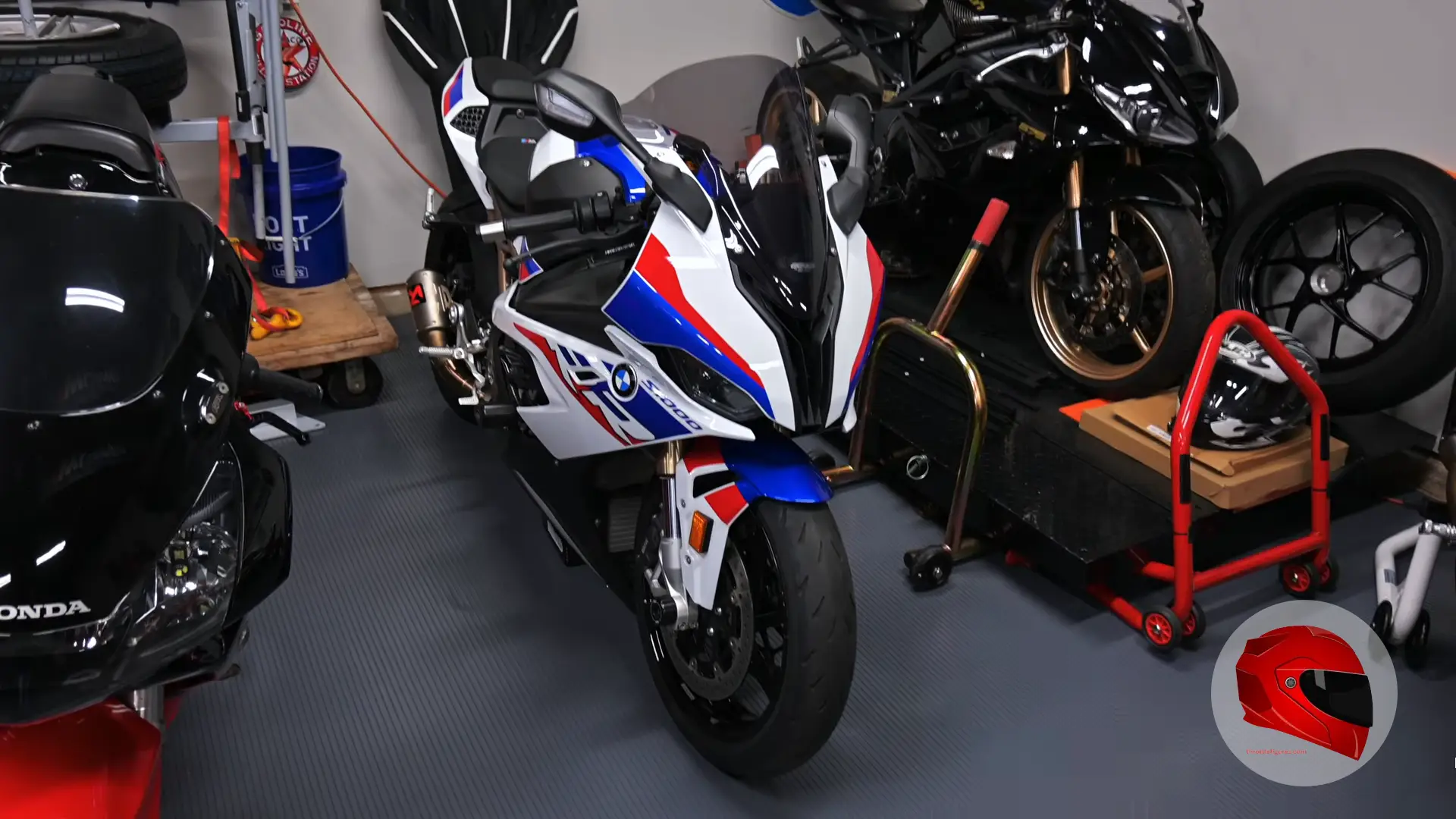 Sport motorcycles parked inside a garage workshop